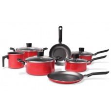 Jogo 7 peças Brinox Garlic vermelho antiaderente pro-flon - panelas, caçarolas, frigideira, fervedor e tapioqueira em aluminio 1,2 mm - Vermelho